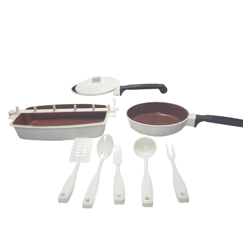 Play Kitchen, Pot, Frying Pan, Casserole Dish, Cooking Utensils. White w Brown